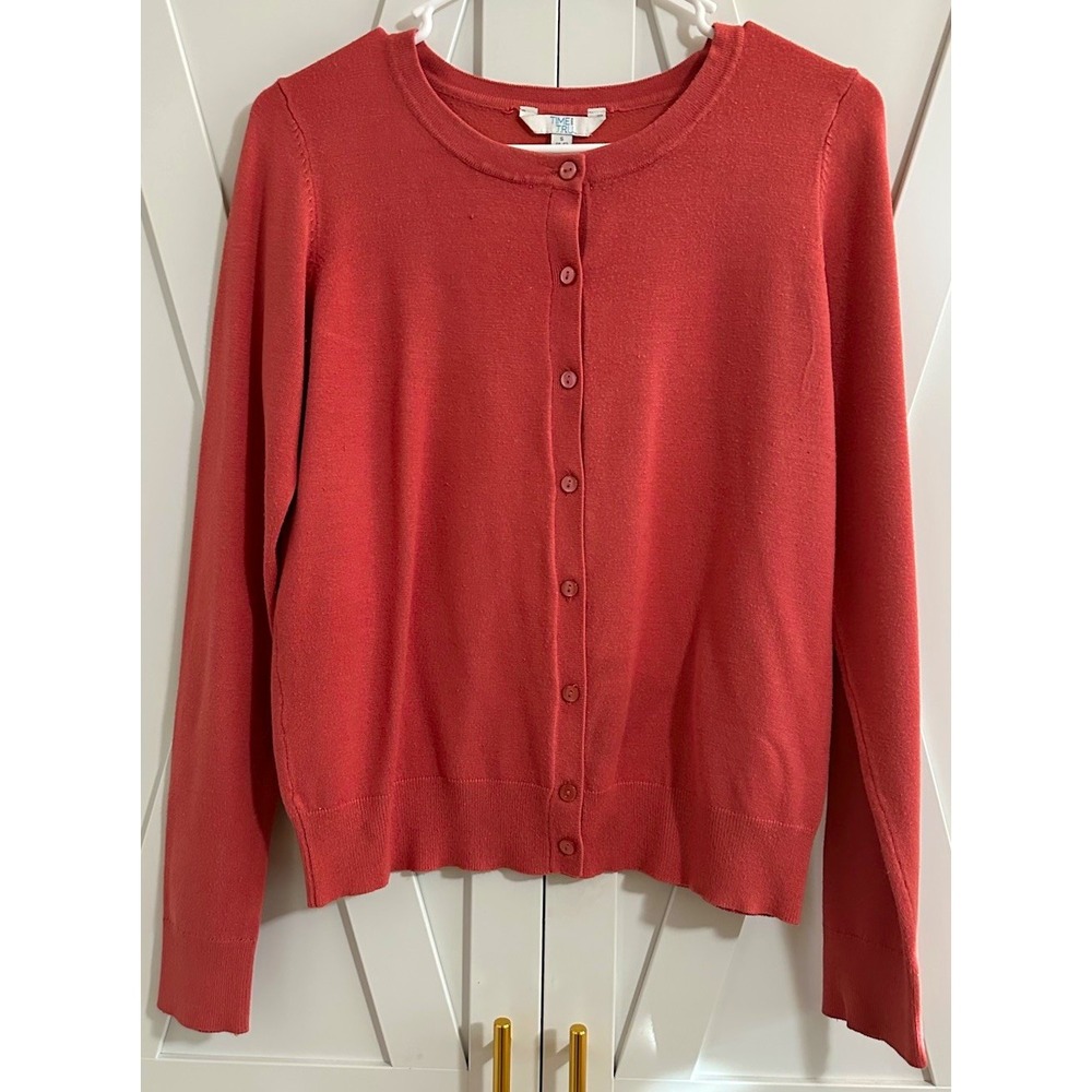 Time and Tru Women's Pink Knit Button-Front Cardigan Sweater Crew Neck S